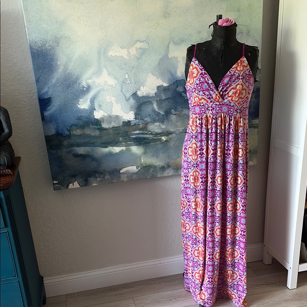 Casual Floral Comfortable Maxi Strappy  Dress in Pink and Orange Resort Ready